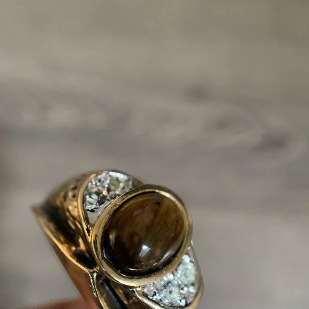 Vintage Seta Ring Men’s Gold Electroplate Tiger’s Eye Cubic Zirconia
